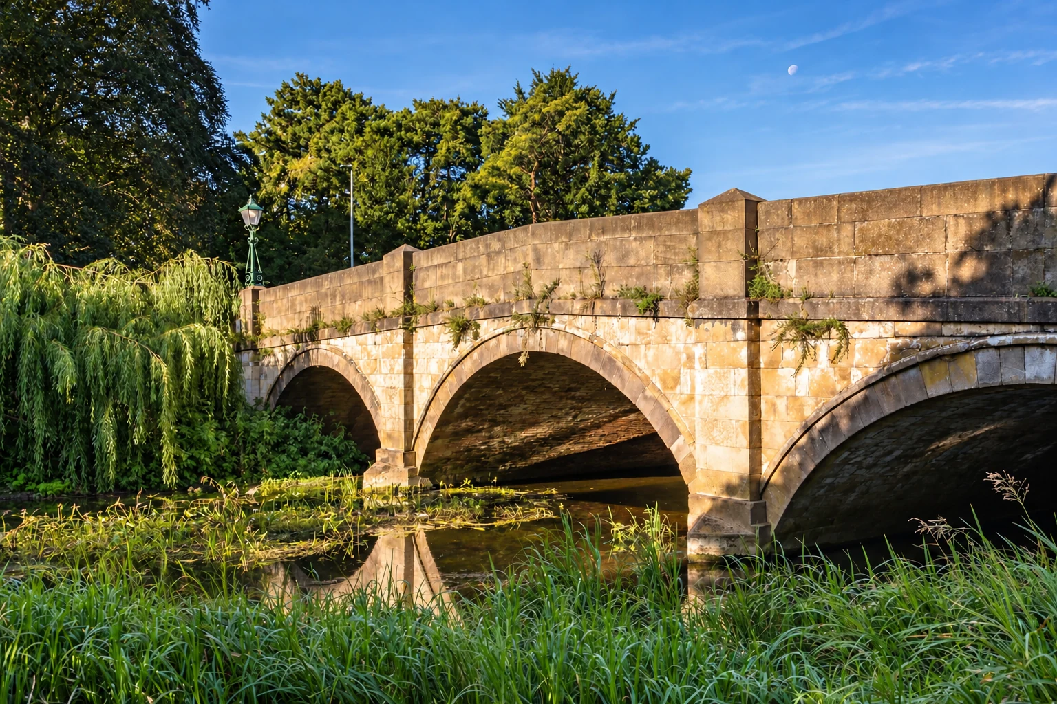 Willow trees beside a stone bridge in Melton Mowbray